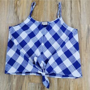 🍑Eyelash Blue Gingham Knotted Front Sleeveless Top Large